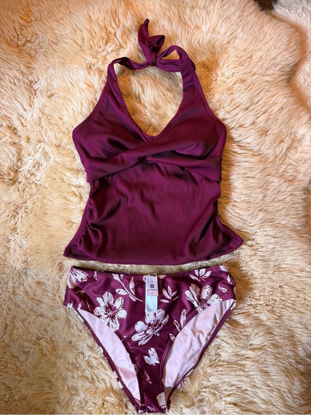 Cupshe Plum and Light Pink Ribbed Halter Tankini Set with Floral Bottoms
